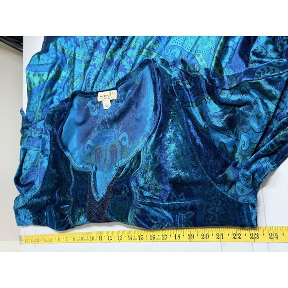 One World Top Womens 1X Blue Green Paisley Velour Tunic Boho Hippie Stretch - Picture 9 of 10